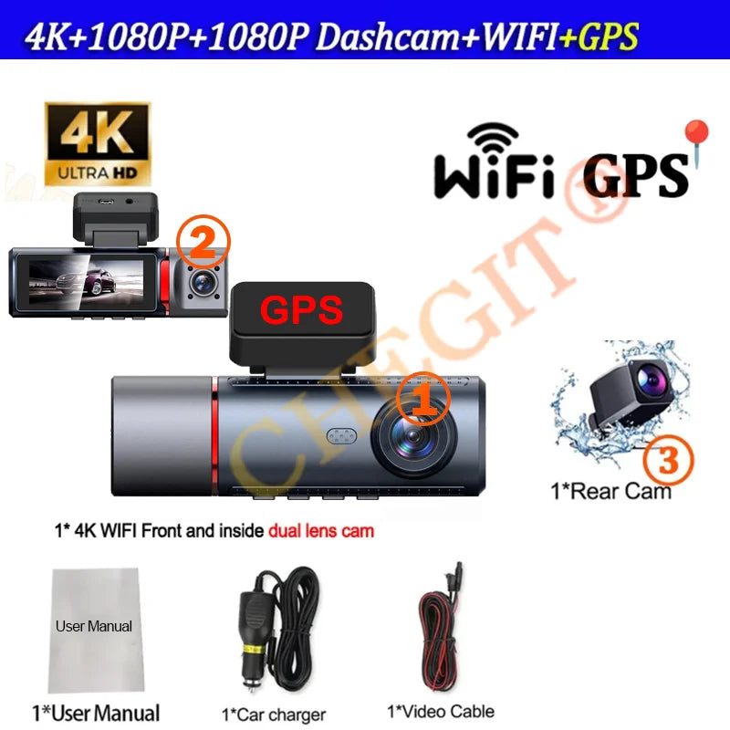 3 Lens Car DVR 4K WIFI GPS Car Dash Cam Video Recorder 1080P inside Front and Rear View Cameras 24H Parking Monitor Black Box