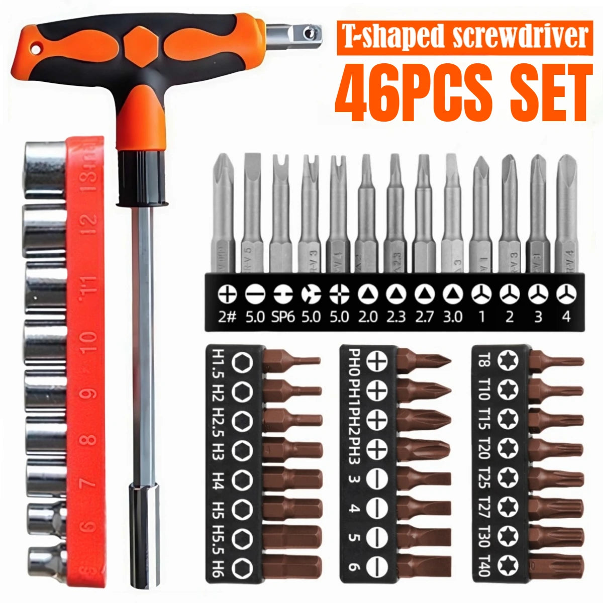 Screwdriver Set with T-shape Cross and Straight Slot Hexagon and Plum-shaped Heads Plus Socket Set for DIY Lovers Maintenance