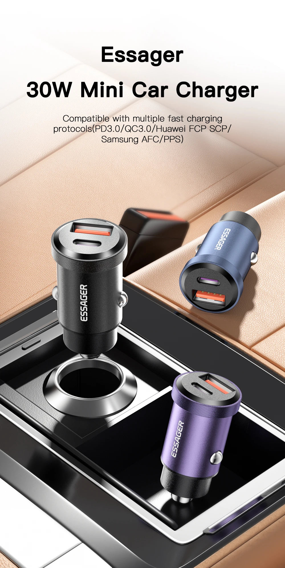 Essager 30W USB Car Charger Quick Charge4.0 QC PD 3.0 SCP 5A USB Type C Car Fast Charging For iPhone 14 13 Huawei Samsung Xiaomi