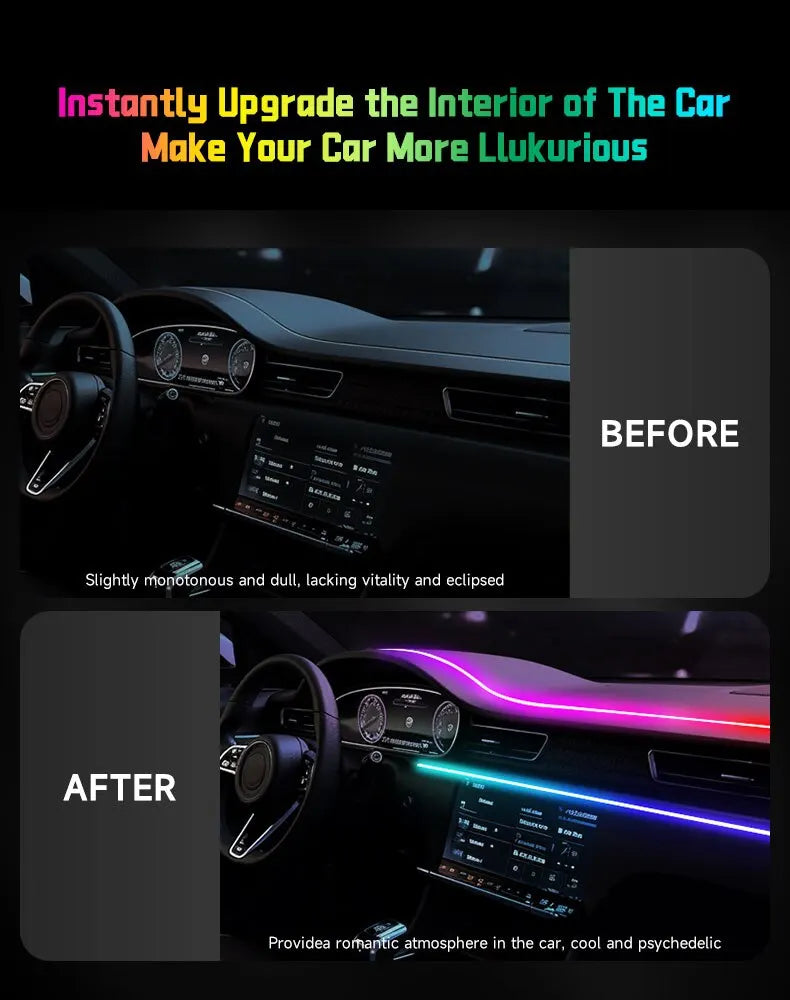 Car LED Ambient Light USB 64 Colors Acrylic Strips 110cm Full Colors RGB Car Interior Hidden App Remote Control Atmosphere Lamp