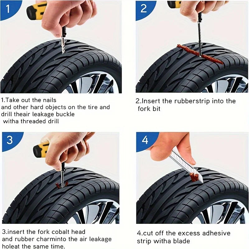 Emergency Tire Repair Kit with Rubber Strips, Probe & Glue - Quick Roadside Fix for Cars, Motorcycles or Bikes, Portable