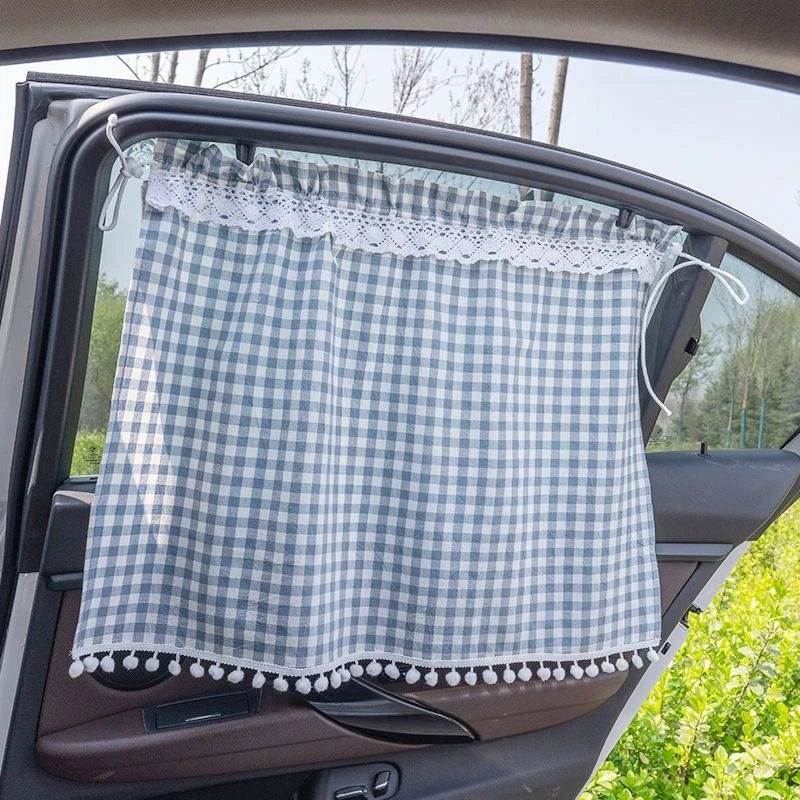 Car Side Window Sunshade Curtains Suction Cup Checkered Design Car Accessories Light-Blocking Lace Trim Car Privacy Curtains
