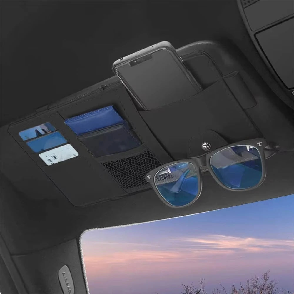 Leather car multi-functional sun visor, multi-pocket business card, memory card storage bag, car sunglasses frame, sun visor