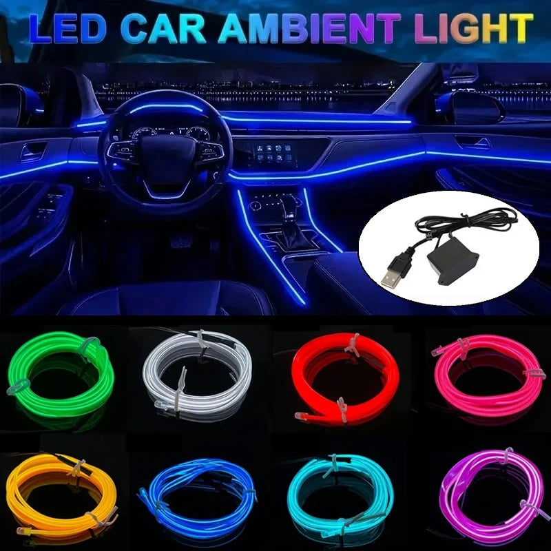1/2/3/4/5M Car Led lampe décorative câblage bande néon flexible USB Interior lighting of the vehicle，Diode d'ambiance de fête