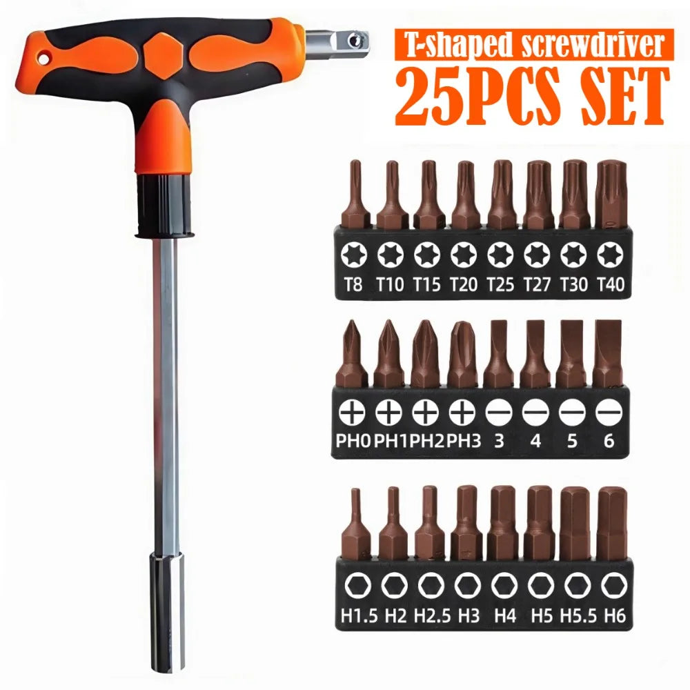 Screwdriver Set with T-shape Cross and Straight Slot Hexagon and Plum-shaped Heads Plus Socket Set for DIY Lovers Maintenance