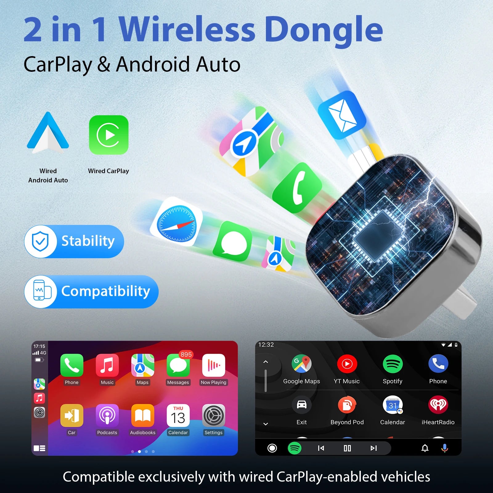 New Pionray 2 in 1 Wireless CarPlay Adapter&Android Auto Wireless Adapter, 5Ghz WiFi Type-C/USB Plug Play CarPlay Wireless