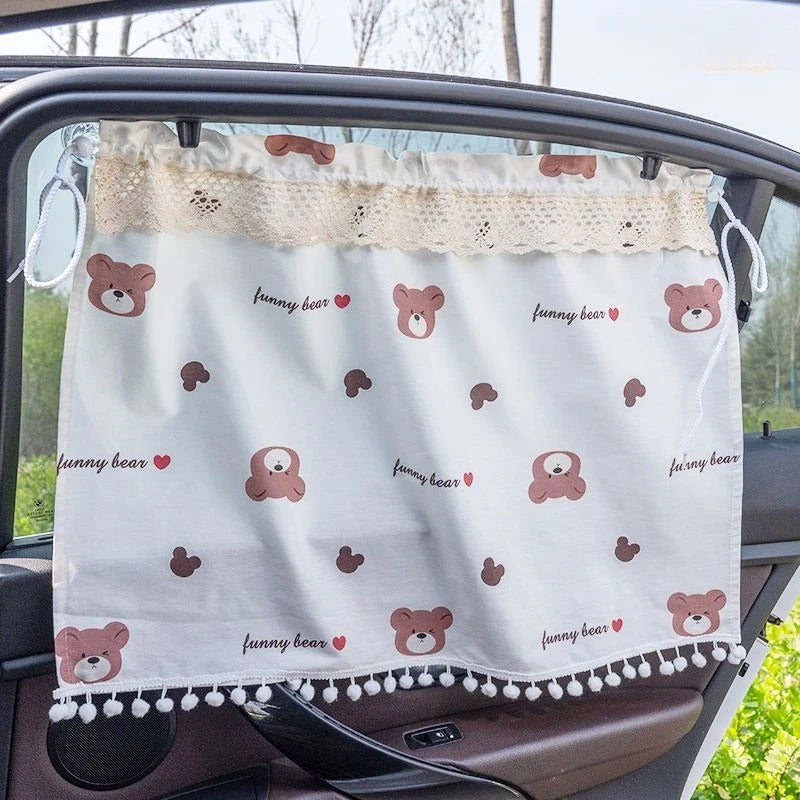 Car Side Window Sunshade Curtains Suction Cup Checkered Design Car Accessories Light-Blocking Lace Trim Car Privacy Curtains
