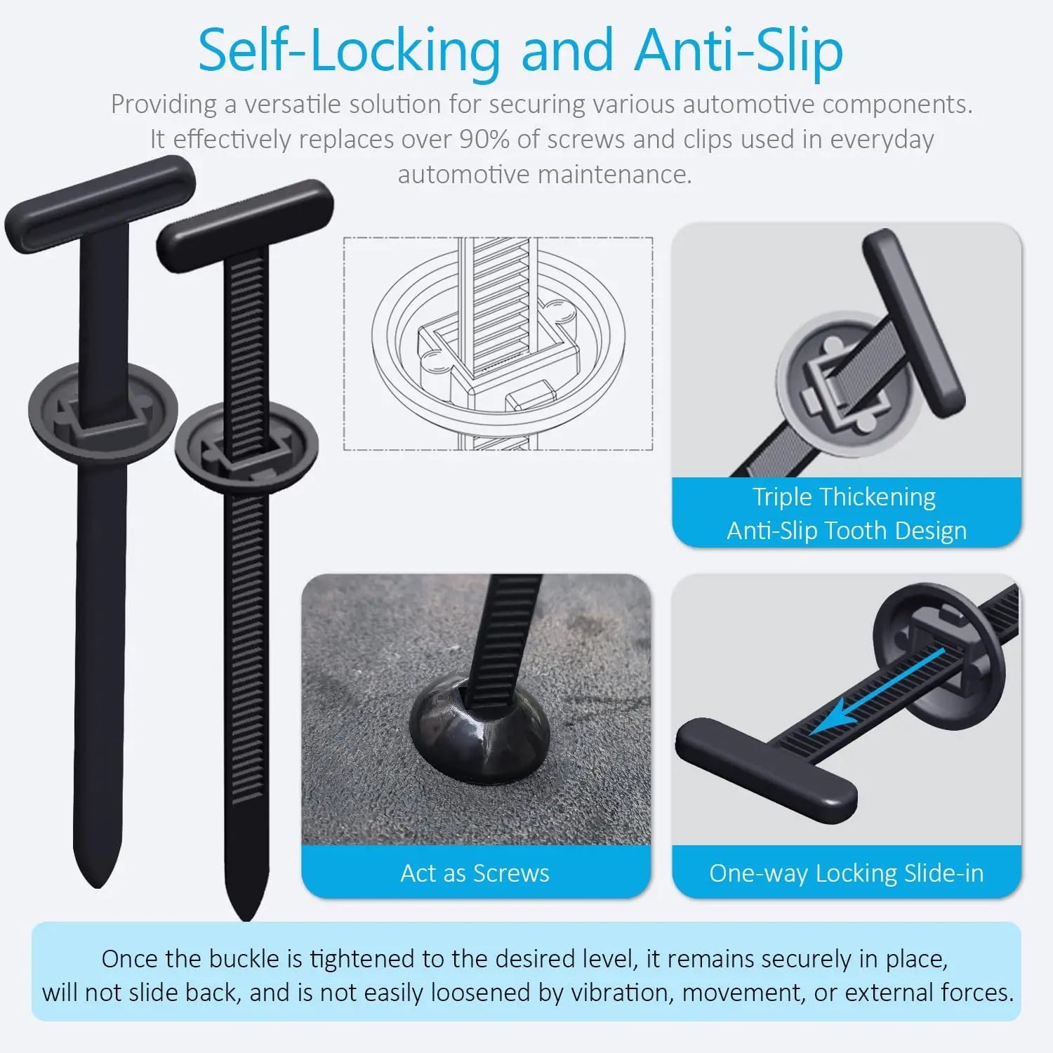 Nylon Universal Cable Tie Buckle Heavy Duty Self-Locking Zip Ties Holder with Pin Fasteners Car Body UV Resistant Zipties