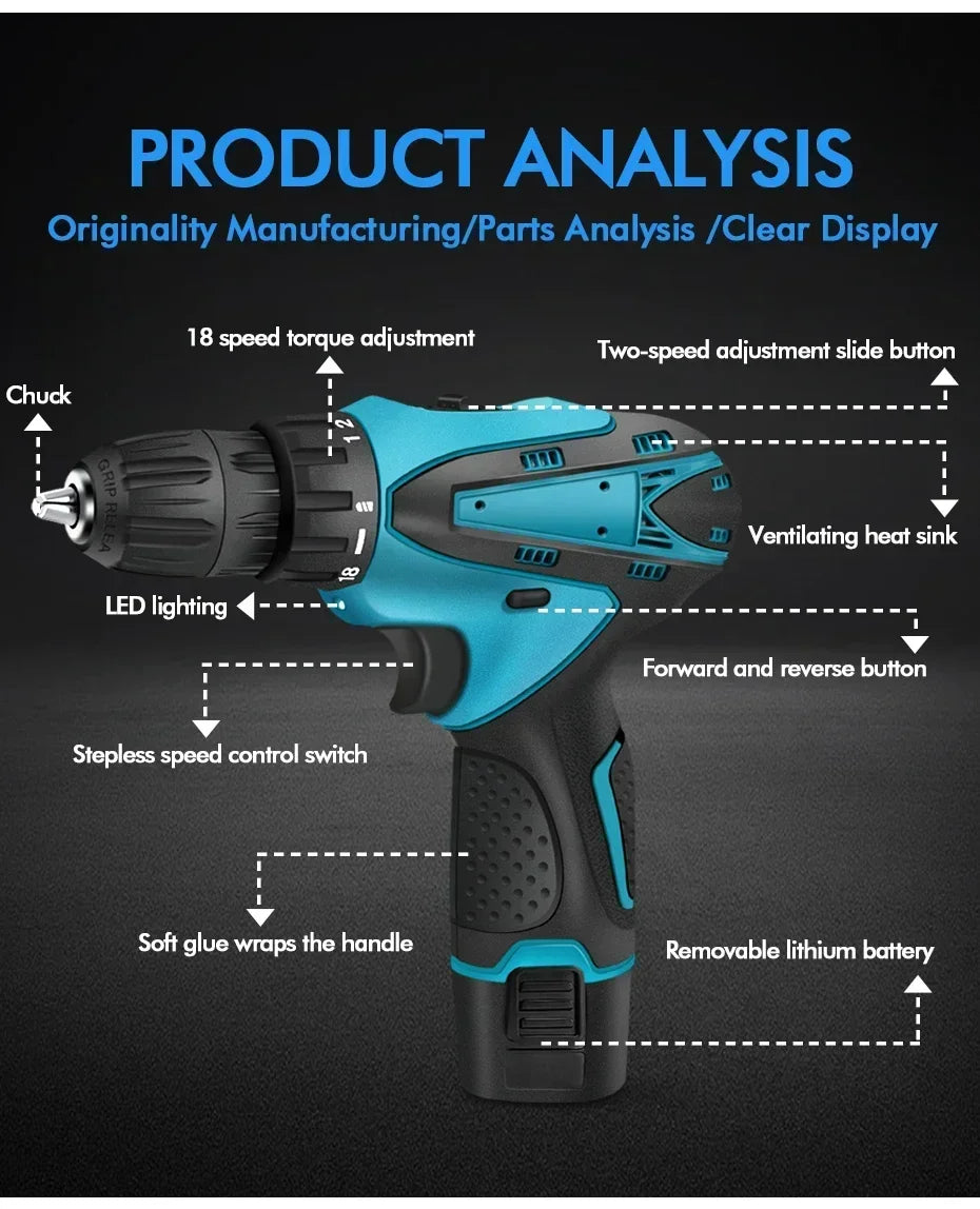 12V Electric Impact Drill with 32N Torque Wireless Cordless Power Tool Portable Multi-Function Screwdriver for Automotive