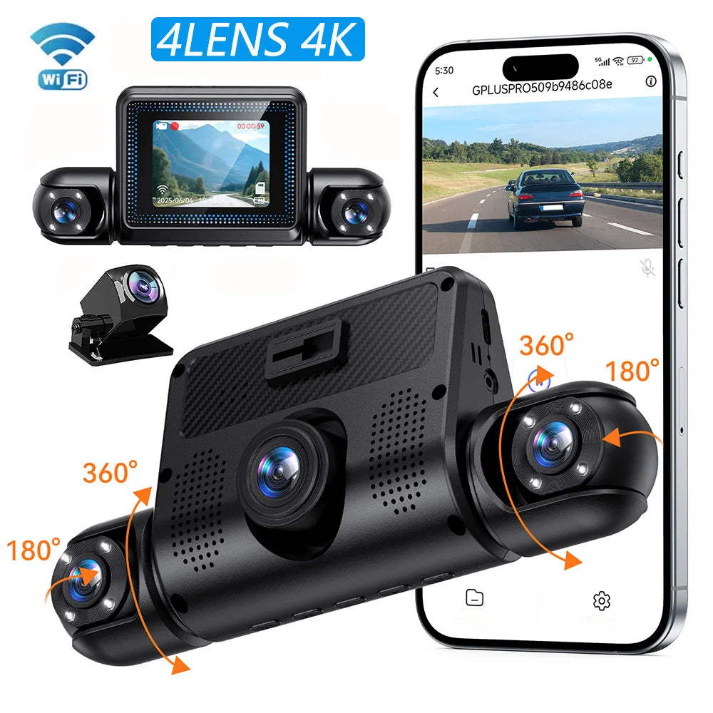 4 Channel Car DVR Dash Camera 4K Front and Rear Cam 2.4INCH 360 Dash Cam 4k*1080P 4 Lens Video Recorder Support 24H Parking