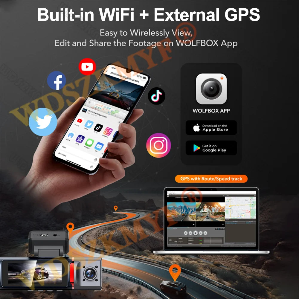 3 Lens Car DVR 4K WIFI GPS Car Dash Cam Video Recorder 1080P inside Front and Rear View Cameras 24H Parking Monitor Black Box