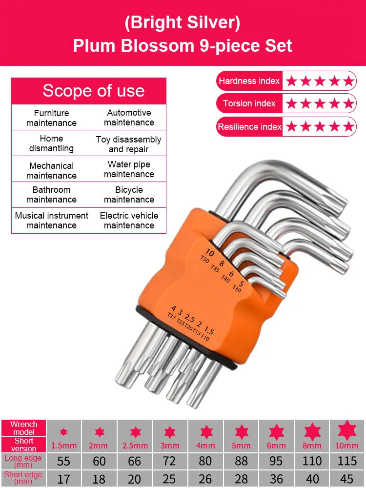 9Pcs Torx Star Wrench Kits Set Allen Keys Hexagon Spanner Key Set Plum Blossom Dual End L Type Star Screwdriver Hand Repair Tool