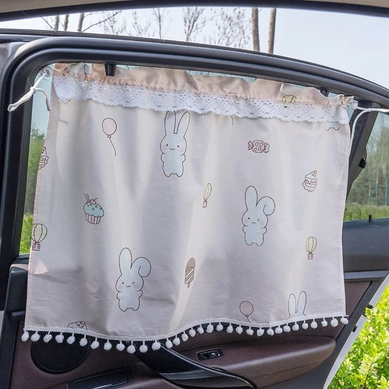Car Side Window Sunshade Curtains Suction Cup Checkered Design Car Accessories Light-Blocking Lace Trim Car Privacy Curtains