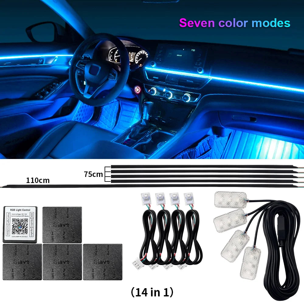 14/18 in 1 Led Acrylic Car Ambient Light RGB 64 213 Color Symphony Acrylic APP Streamer Atmosphere Lamp Kit One Zone Dual Zone
