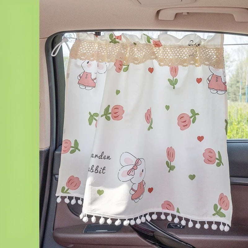 Car Side Window Sunshade Curtains Suction Cup Checkered Design Car Accessories Light-Blocking Lace Trim Car Privacy Curtains