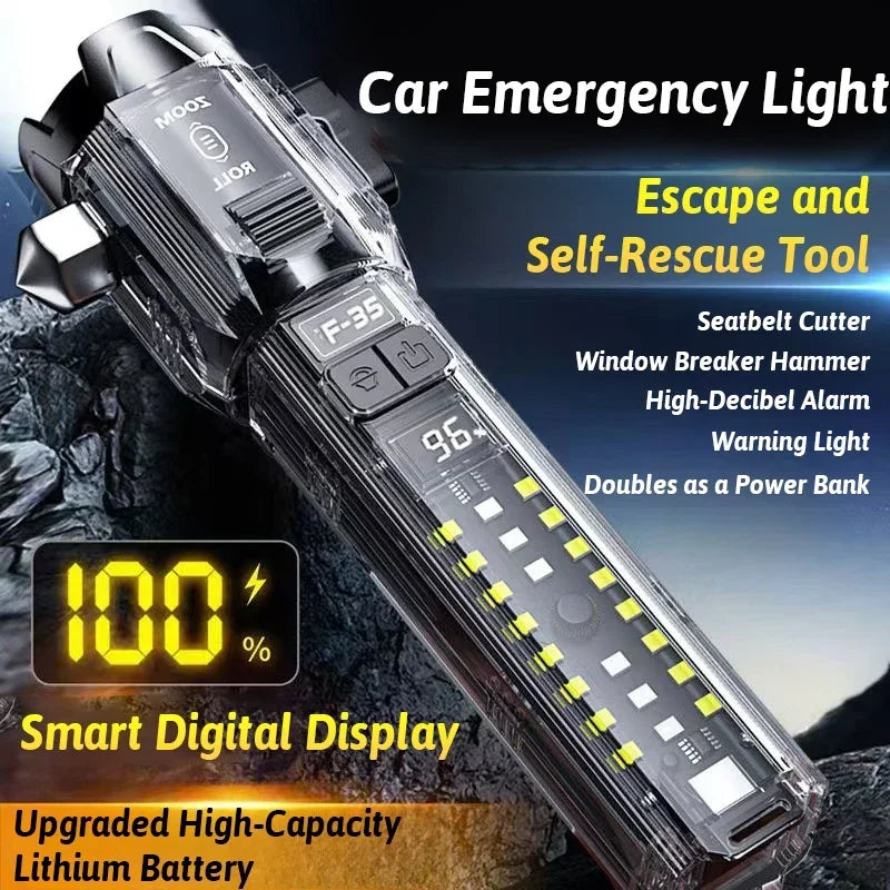 6in1 Car Emergency Light with Window Breaker Seatbelt Cutter Power Bank Zoomable Flashlight Magnetic Base Car Emergency Kit