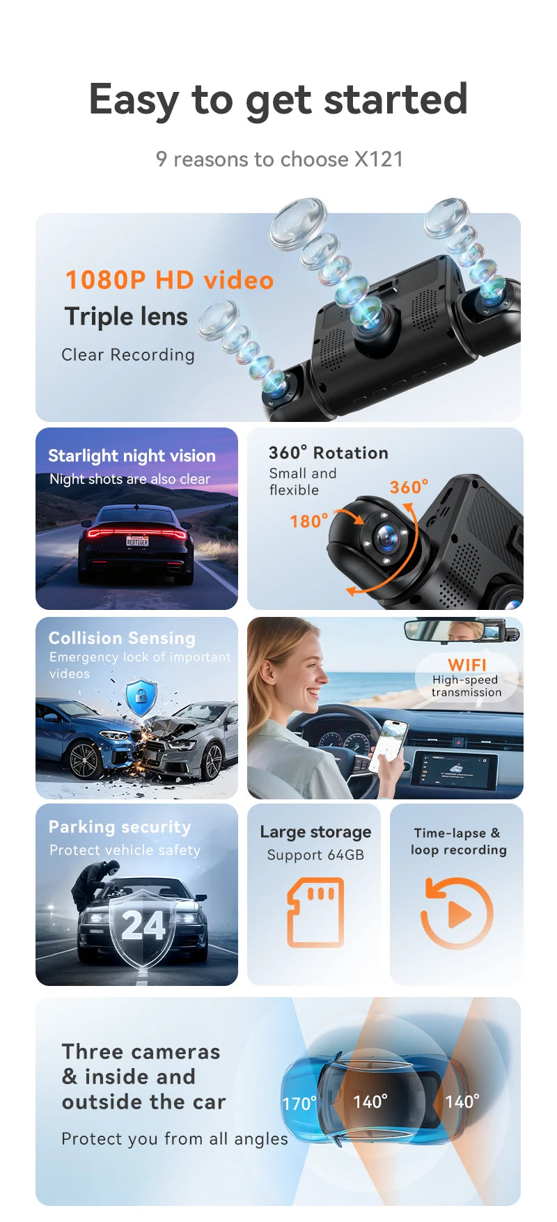 4 Channel Car DVR Dash Camera 4K Front and Rear Cam 2.4INCH 360 Dash Cam 4k*1080P 4 Lens Video Recorder Support 24H Parking