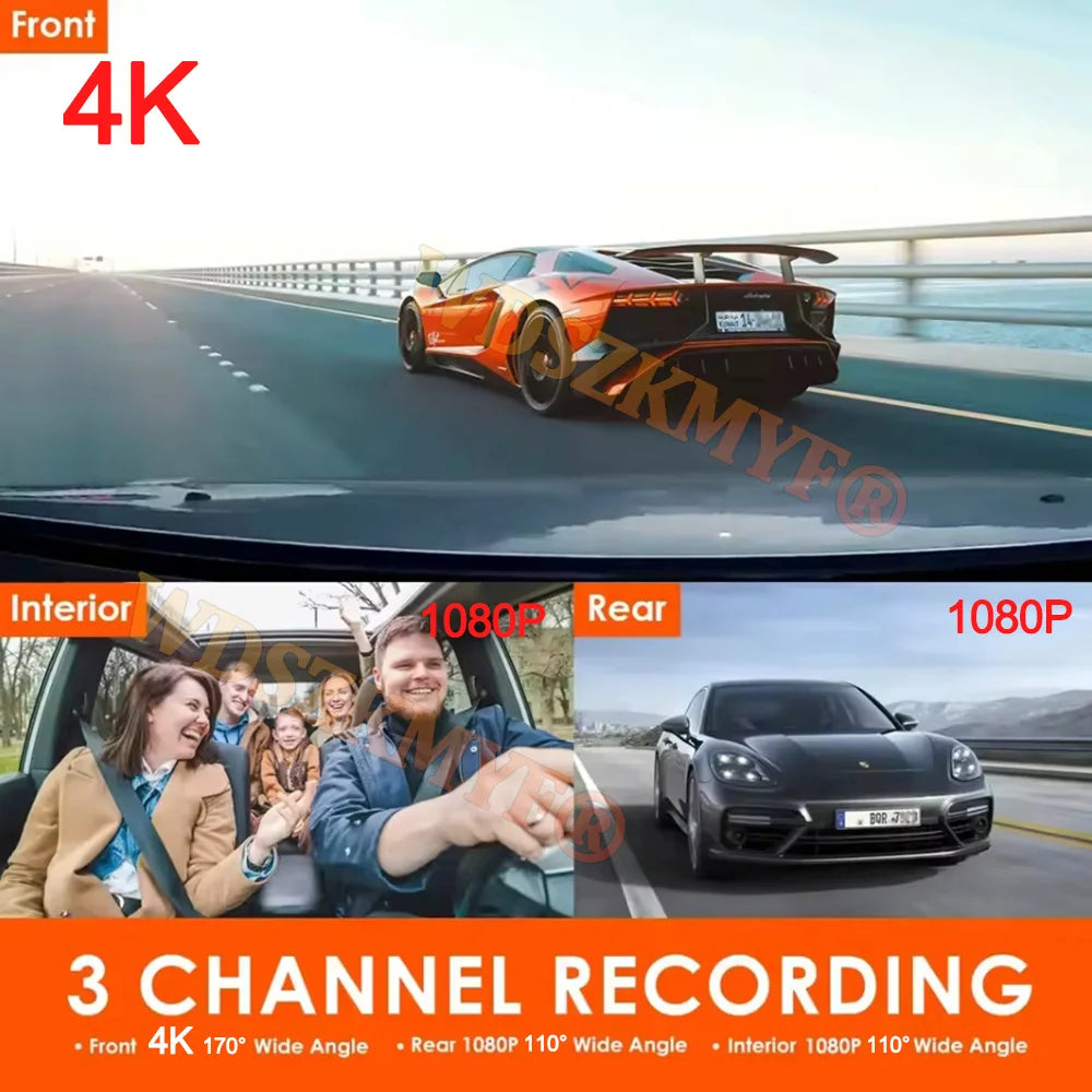 3 Lens Car DVR 4K WIFI GPS Car Dash Cam Video Recorder 1080P inside Front and Rear View Cameras 24H Parking Monitor Black Box