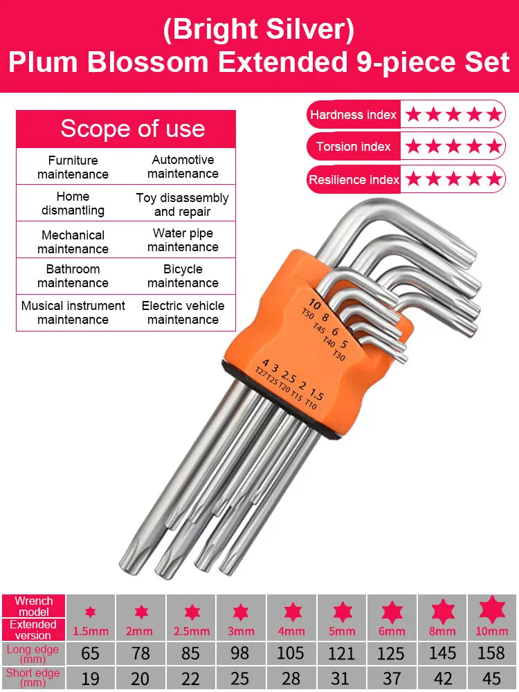 9Pcs Torx Star Wrench Kits Set Allen Keys Hexagon Spanner Key Set Plum Blossom Dual End L Type Star Screwdriver Hand Repair Tool