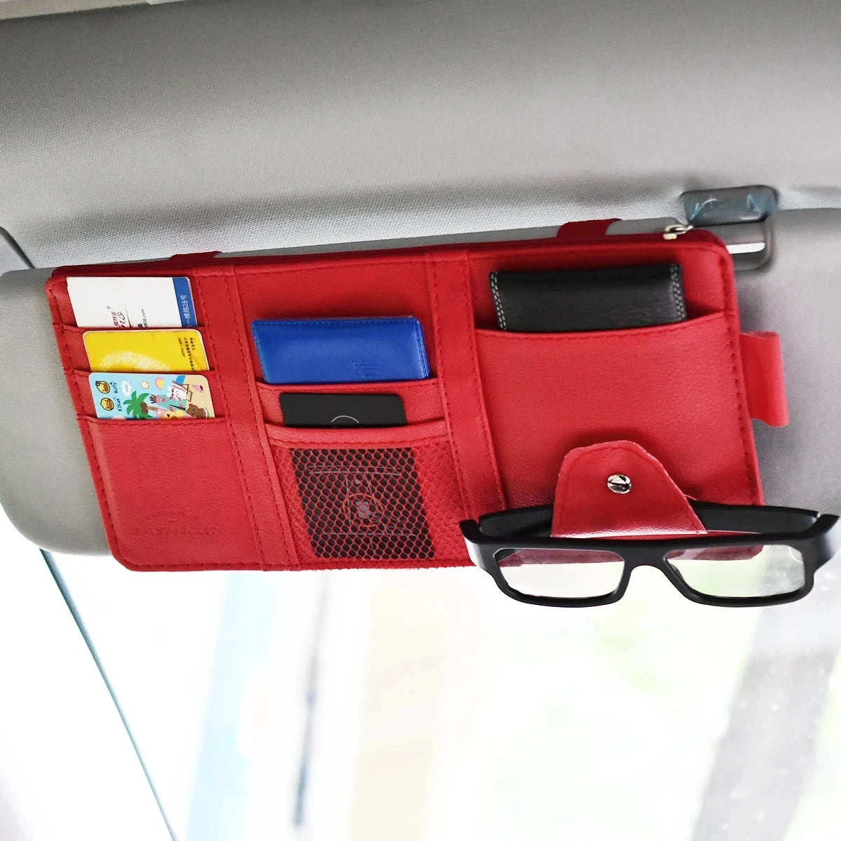 Leather car multi-functional sun visor, multi-pocket business card, memory card storage bag, car sunglasses frame, sun visor