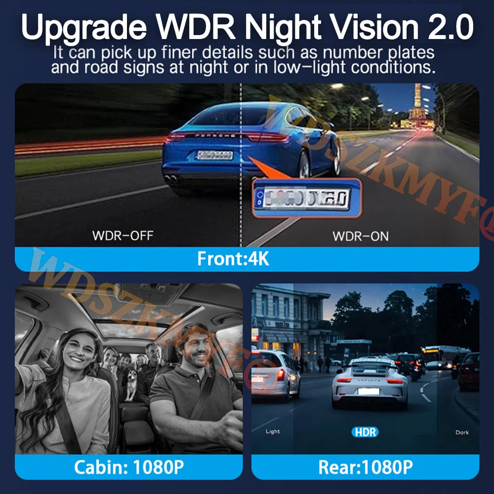 3 Lens Car DVR 4K WIFI GPS Car Dash Cam Video Recorder 1080P inside Front and Rear View Cameras 24H Parking Monitor Black Box