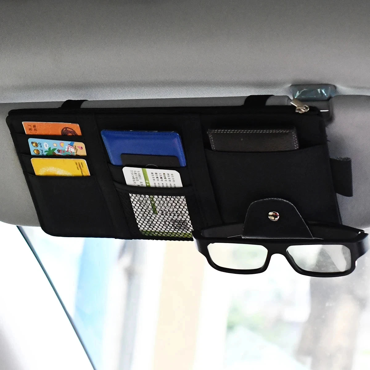 Leather car multi-functional sun visor, multi-pocket business card, memory card storage bag, car sunglasses frame, sun visor