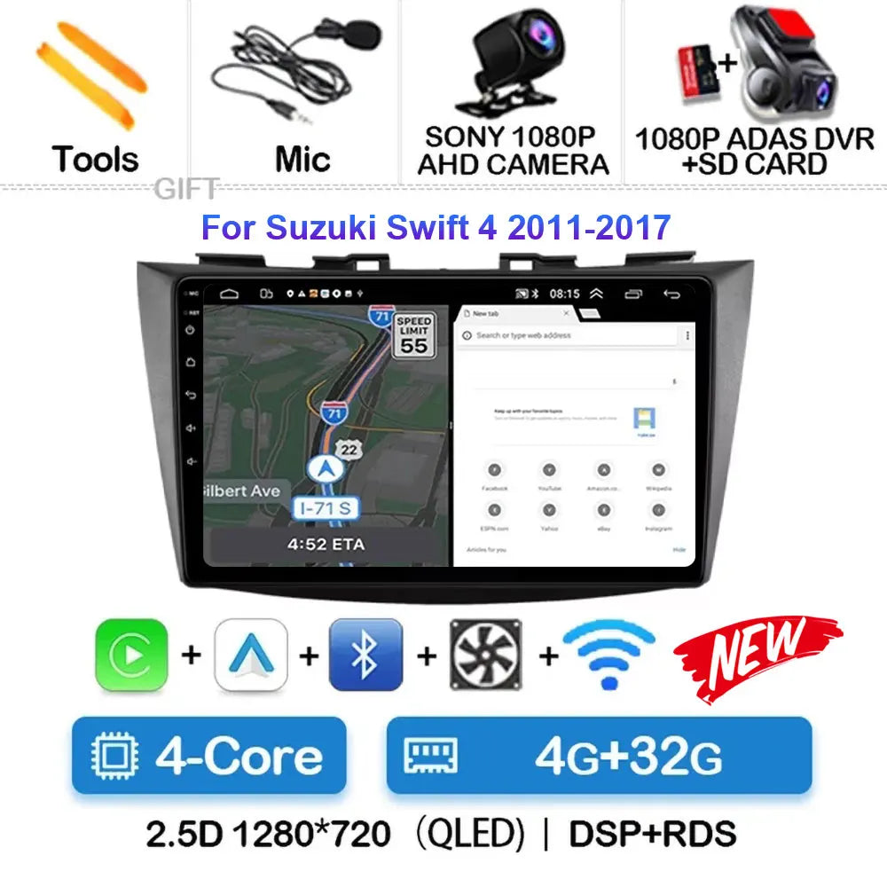 Android 15 Car Radio For Suzuki Swift 4 2011-2017 Wireless Carplay Auto Radio Multimedia Player 4G Wifi GPS DSP 48EQ 2din