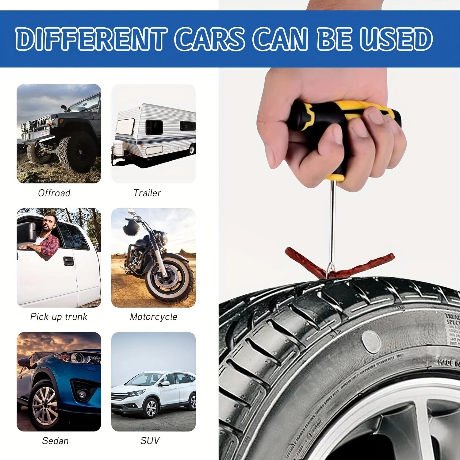 Emergency Tire Repair Kit with Rubber Strips, Probe & Glue - Quick Roadside Fix for Cars, Motorcycles or Bikes, Portable