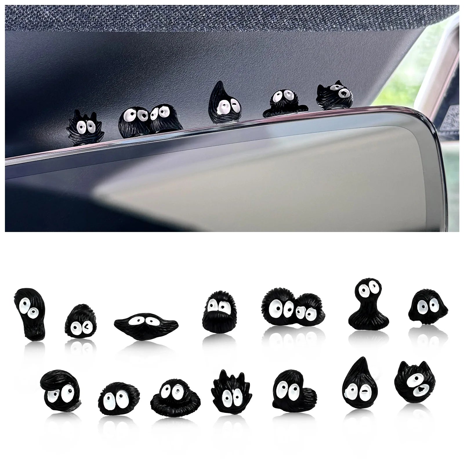 14pcs Cute Little Coal Ball Black Elf Car Interior Decoration Funny Auto Center Console Rearview Mirror Ornaments For Car Access