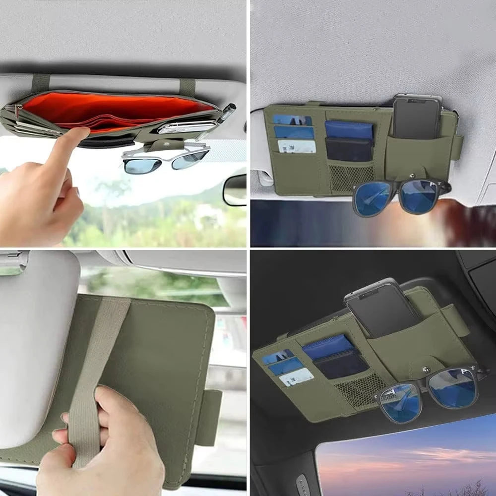 Leather car multi-functional sun visor, multi-pocket business card, memory card storage bag, car sunglasses frame, sun visor