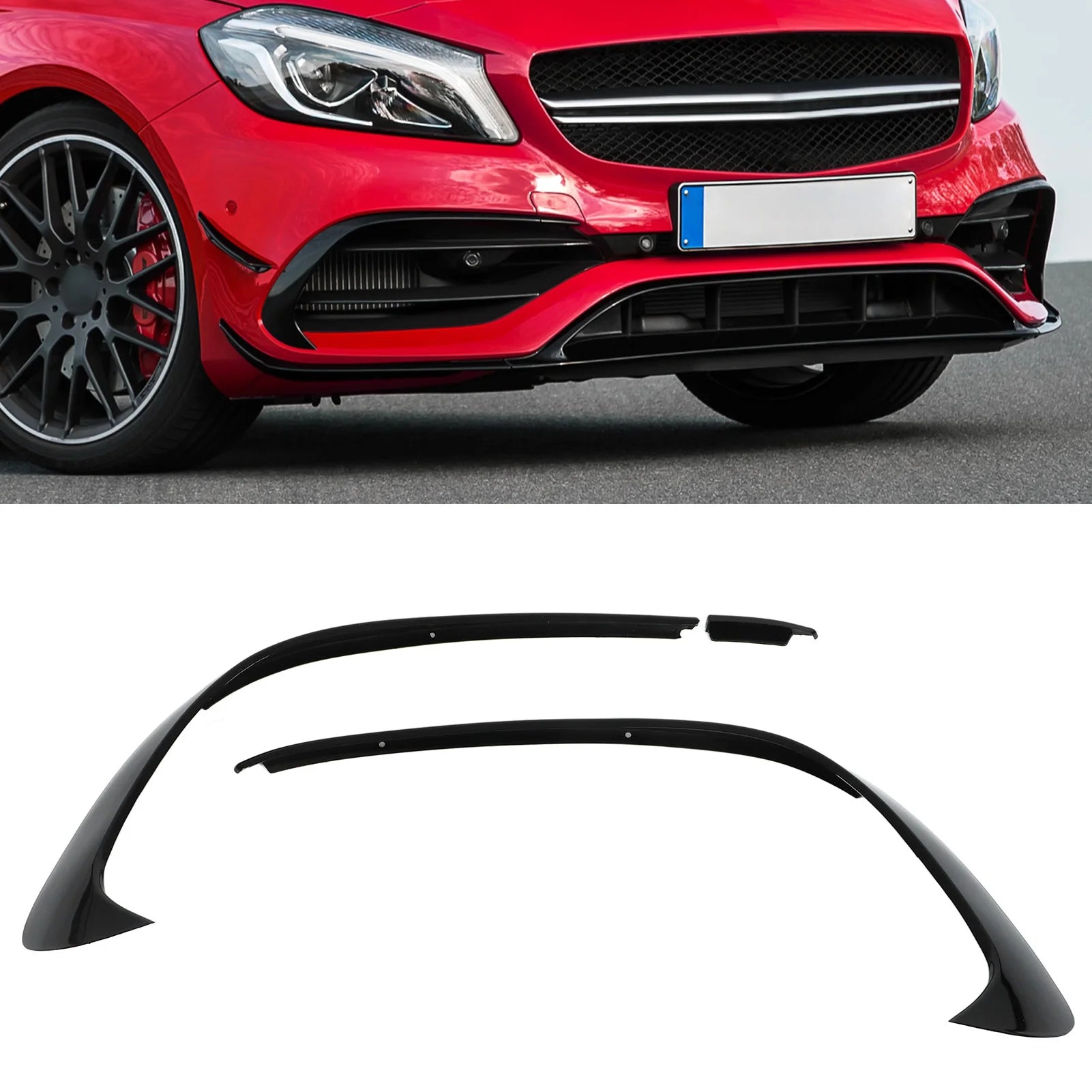 3pcs Glossy Black Front Bumper Spoiler Splitter Trim Replacement for Mercedes‑Benz A‑Class W176 AMG‑Line A45 2015 2016 2017 2018