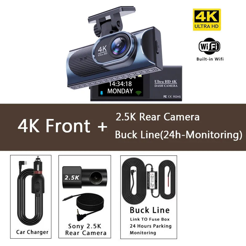 UHD 4K+2.5K Car DVR Front And Back Dash Cam Camera 5G WIFI GPS Dashcam Mini Black Box With 24H Parking Monitor Night Vision