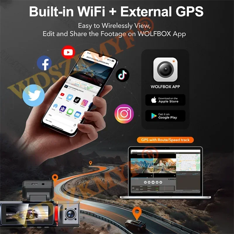 3 Lens Car DVR 4K WIFI GPS Car Dash Cam Video Recorder 1080P inside Front and Rear View Cameras 24H Parking Monitor Black Box