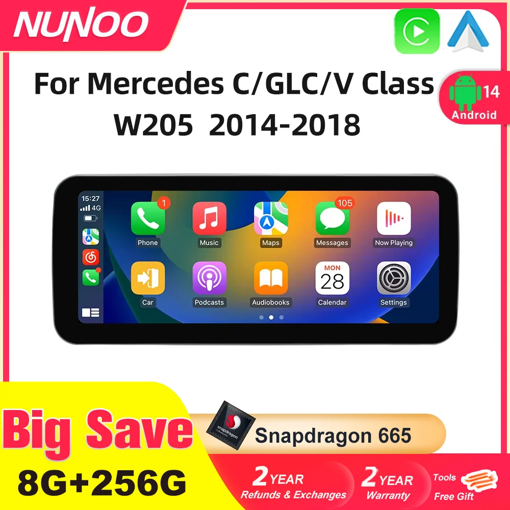 Android 14 Wireless CarPlay For Mercedes Benz C Class W205 Screen Android Auto Multimedia Navigation GPS SWC DSP 4G WiFi