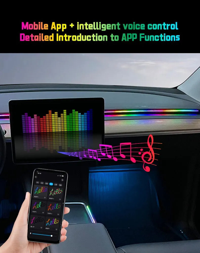 Car LED Ambient Light USB 64 Colors Acrylic Strips 110cm Full Colors RGB Car Interior Hidden App Remote Control Atmosphere Lamp
