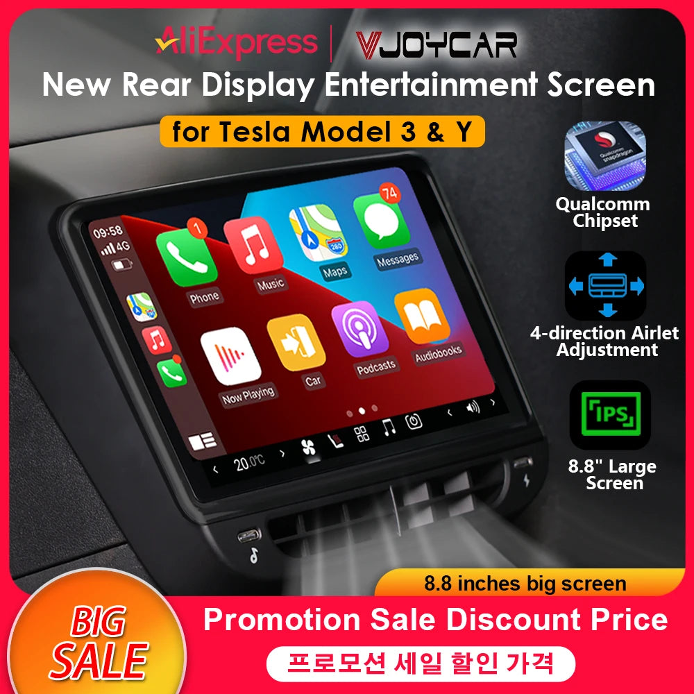VJOYCAR Newest 8.8inch 4K HD Rear Display for Tesla Model Y 3 WIFI Entertainment Screen Qualcomm Chip 4-Direction Airlet Adjust