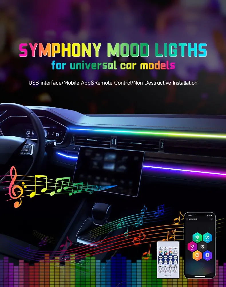 Car LED Ambient Light USB 64 Colors Acrylic Strips 110cm Full Colors RGB Car Interior Hidden App Remote Control Atmosphere Lamp