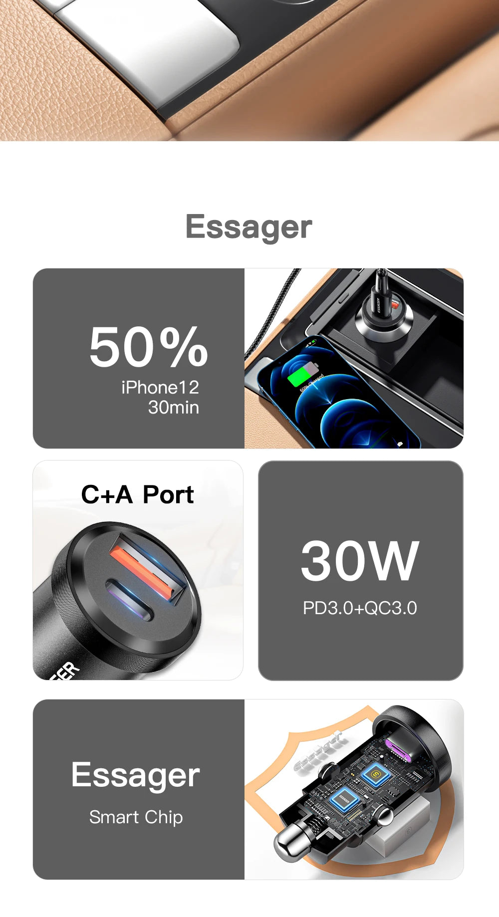 Essager 30W USB Car Charger Quick Charge4.0 QC PD 3.0 SCP 5A USB Type C Car Fast Charging For iPhone 14 13 Huawei Samsung Xiaomi
