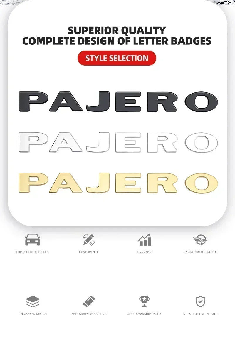 1PCS Metal logo Letter For Pajero Mitsubishi 3D Emblem Car Rear Trunk Decals Front Hood Lettering Badge Auto Accessories Styling