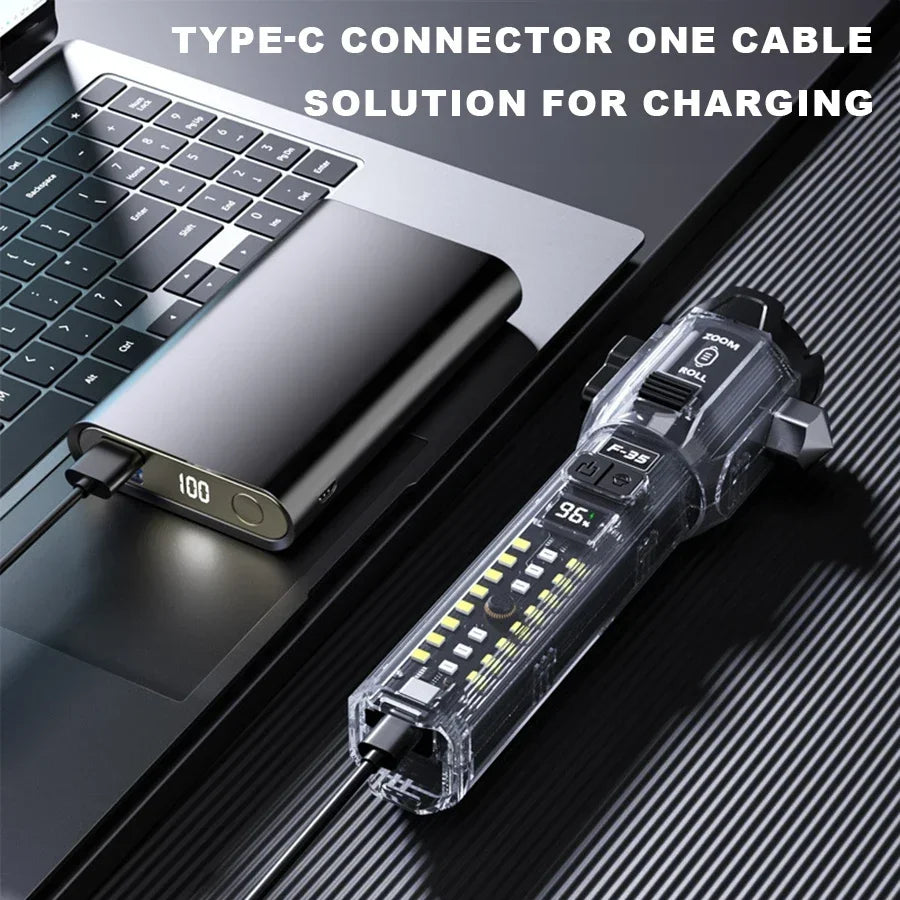 6in1 Car Emergency Light with Window Breaker Seatbelt Cutter Power Bank Zoomable Flashlight Magnetic Base Car Emergency Kit