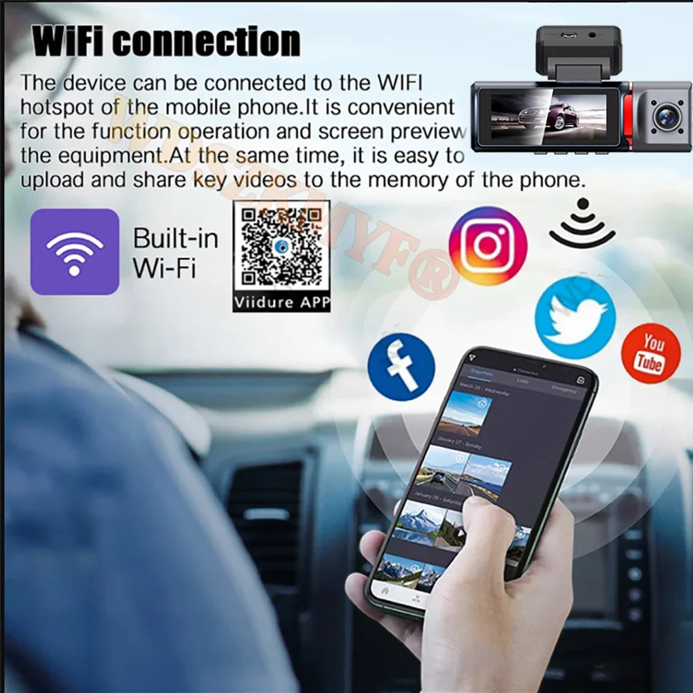 3 Lens Car DVR 4K WIFI GPS Car Dash Cam Video Recorder 1080P inside Front and Rear View Cameras 24H Parking Monitor Black Box