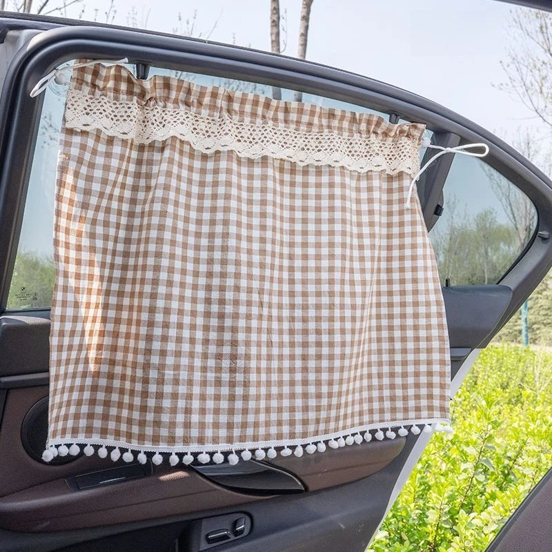 Car Side Window Sunshade Curtains Suction Cup Checkered Design Car Accessories Light-Blocking Lace Trim Car Privacy Curtains