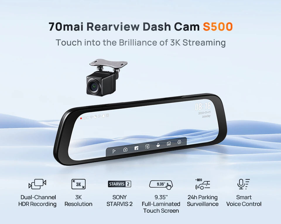 70mai Rearview Dash Cam S500 9.35'' Touch Screen 70mai S500 Car DVR 3K Super Capacitor Dual-Channel HDR Voice Control 24H Park