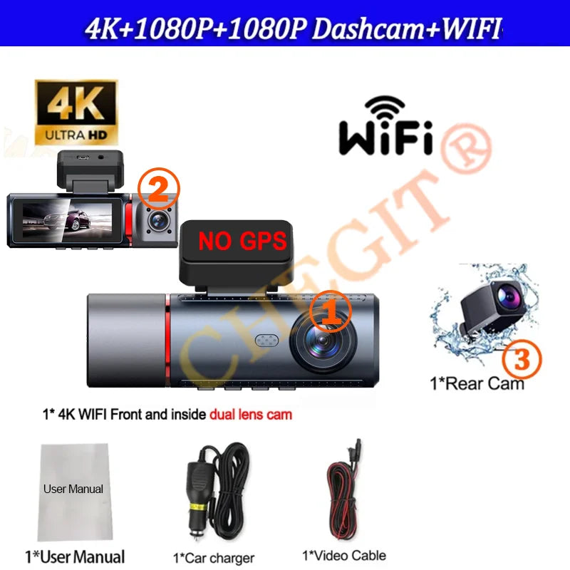3 Lens Car DVR 4K WIFI GPS Car Dash Cam Video Recorder 1080P inside Front and Rear View Cameras 24H Parking Monitor Black Box