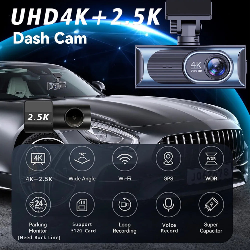 UHD 4K+2.5K Car DVR Front And Back Dash Cam Camera 5G WIFI GPS Dashcam Mini Black Box With 24H Parking Monitor Night Vision