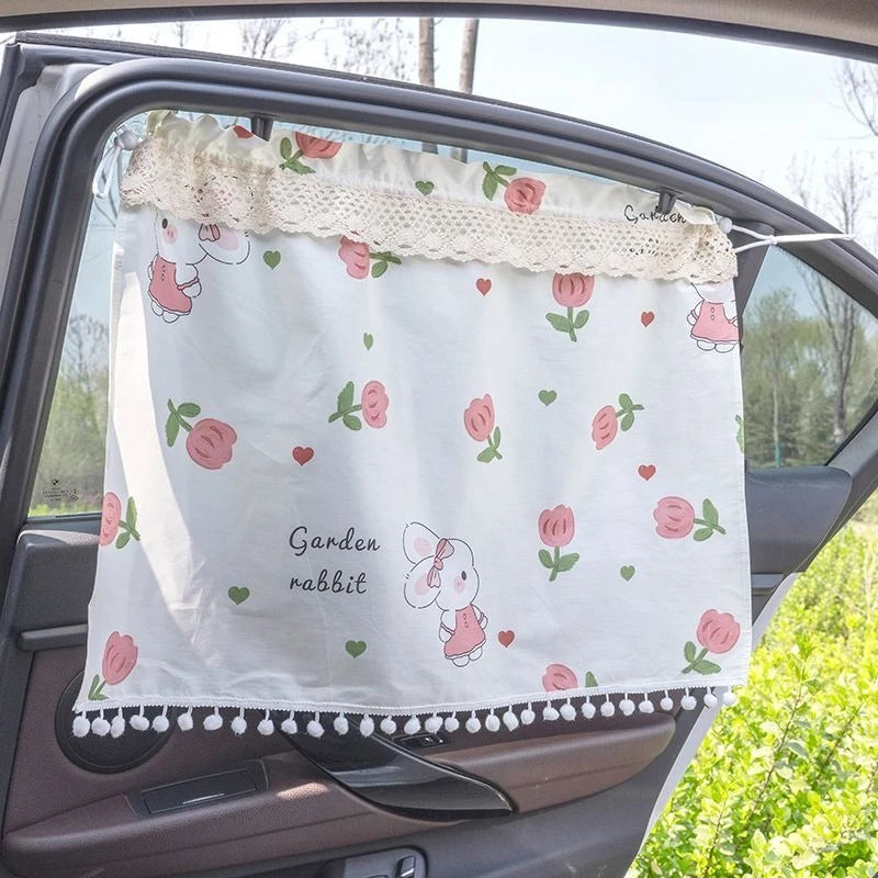Car Side Window Sunshade Curtains Suction Cup Checkered Design Car Accessories Light-Blocking Lace Trim Car Privacy Curtains