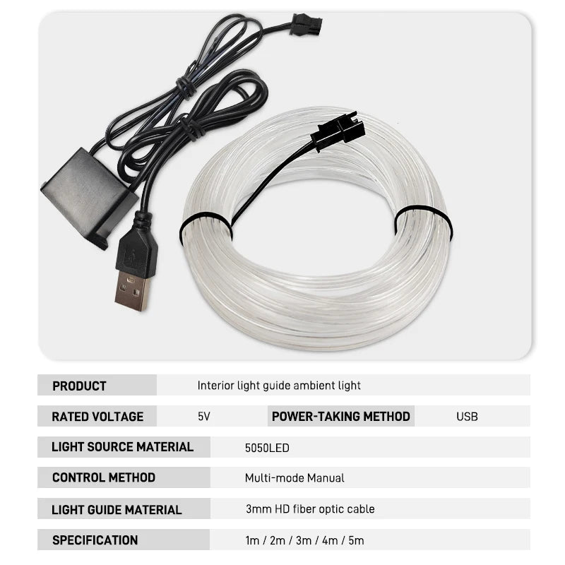 1/2/3/4/5M Car Led lampe décorative câblage bande néon flexible USB Interior lighting of the vehicle，Diode d'ambiance de fête