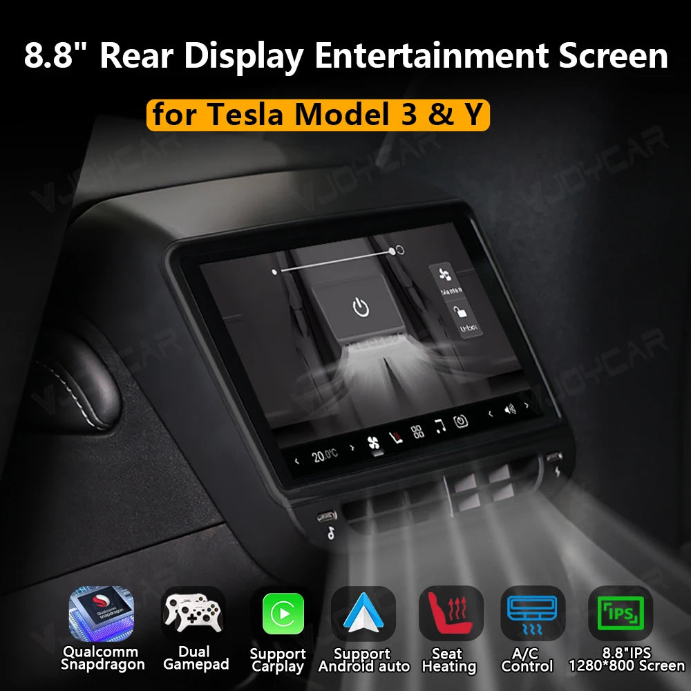VJOYCAR Newest 8.8inch 4K HD Rear Display for Tesla Model Y 3 WIFI Entertainment Screen Qualcomm Chip 4-Direction Airlet Adjust