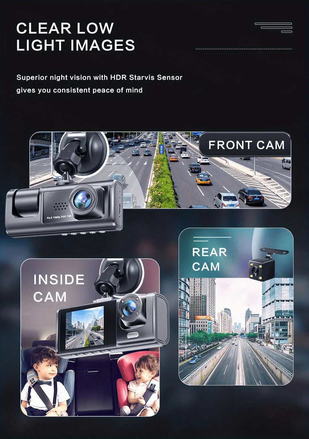 WIFI APP Control Car Dvr 3 Channel 1080P Dash Cam for Cars Front and Rear View Recorder Video Car Camera for Car Assecories