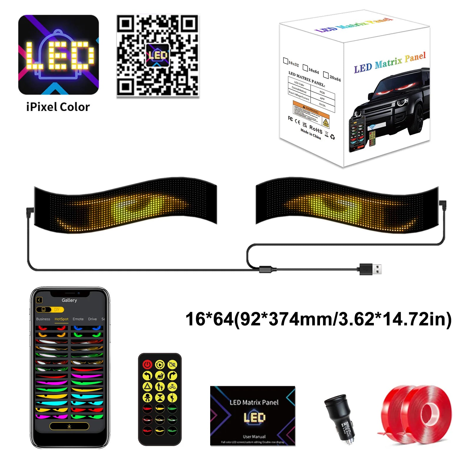 Dynamic Devil Eyes Light for Cars Truck Windshield Programmable LED Display Flexible Soft Screen Bluetooth APP Remote Control